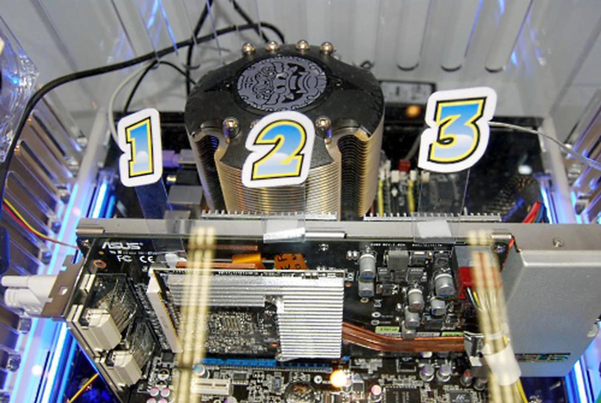  Last but not least is a look at the ASUS EAH 3850 Trinity, and the stickers show you where the three cores are located on the card.  
