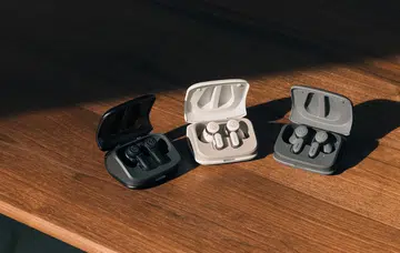(From left to right) Audio-Technica ATH-TWX7 true wireless earbuds in Ash Black, Rich White, and Stone Gray.
