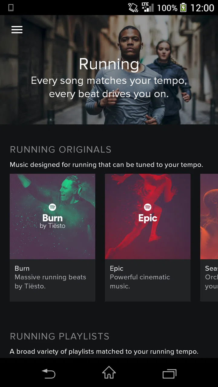 Spotify Running menu found within the Spotify app for Android.