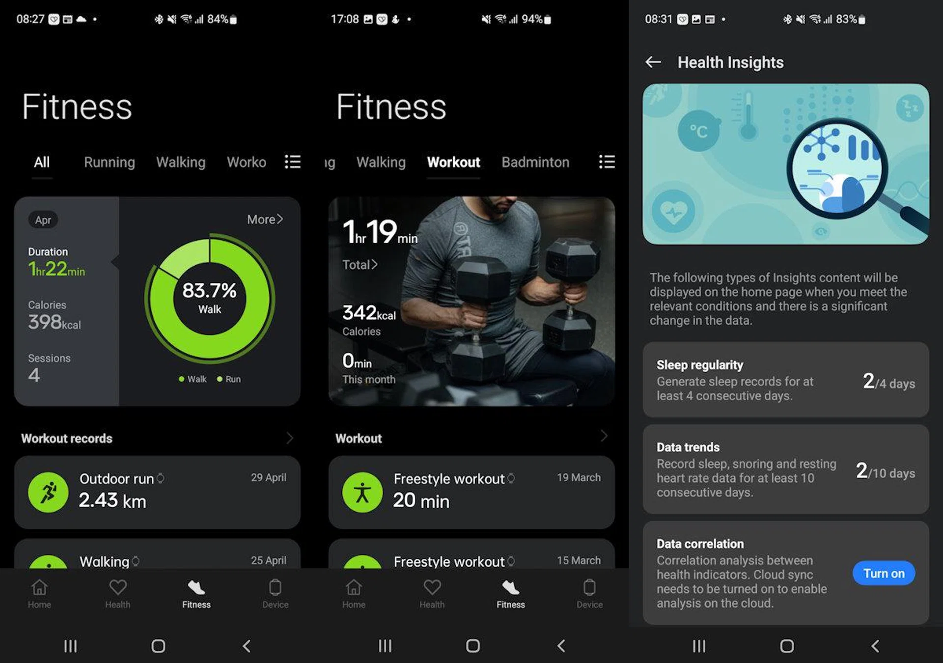 Modern UI visualisations in the OHealth app, but make sure you keep wearing the watch to access your Health Insights. Photo: HWZ