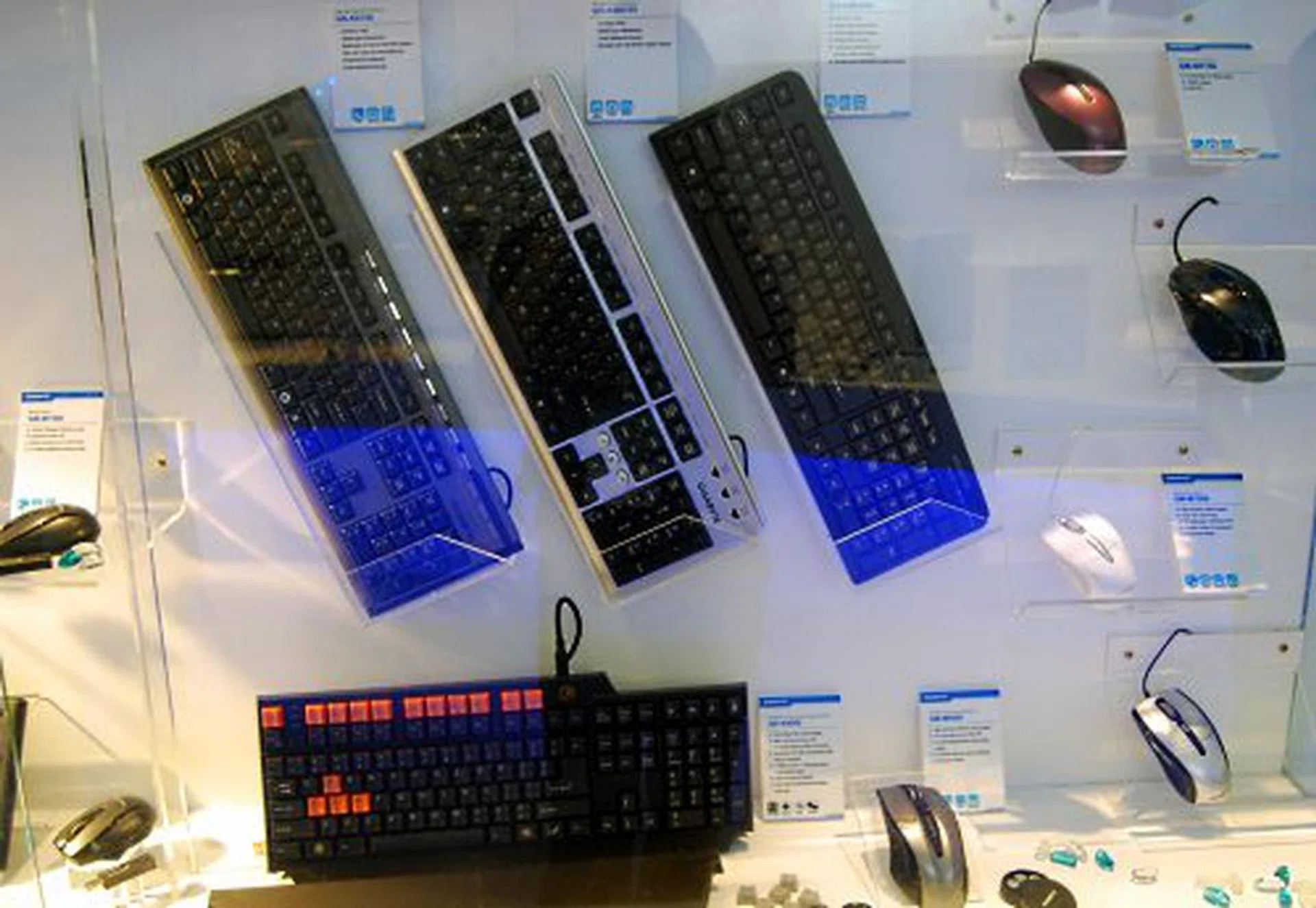  Gigabyte is not known for its mouse and keyboard peripherals but its new gaming keyboard (the one with the orange keys) has up to 103 customizable profiles and has USB audio I/O, along with a detachable, self standing, mechanical design for the wrist rest.  