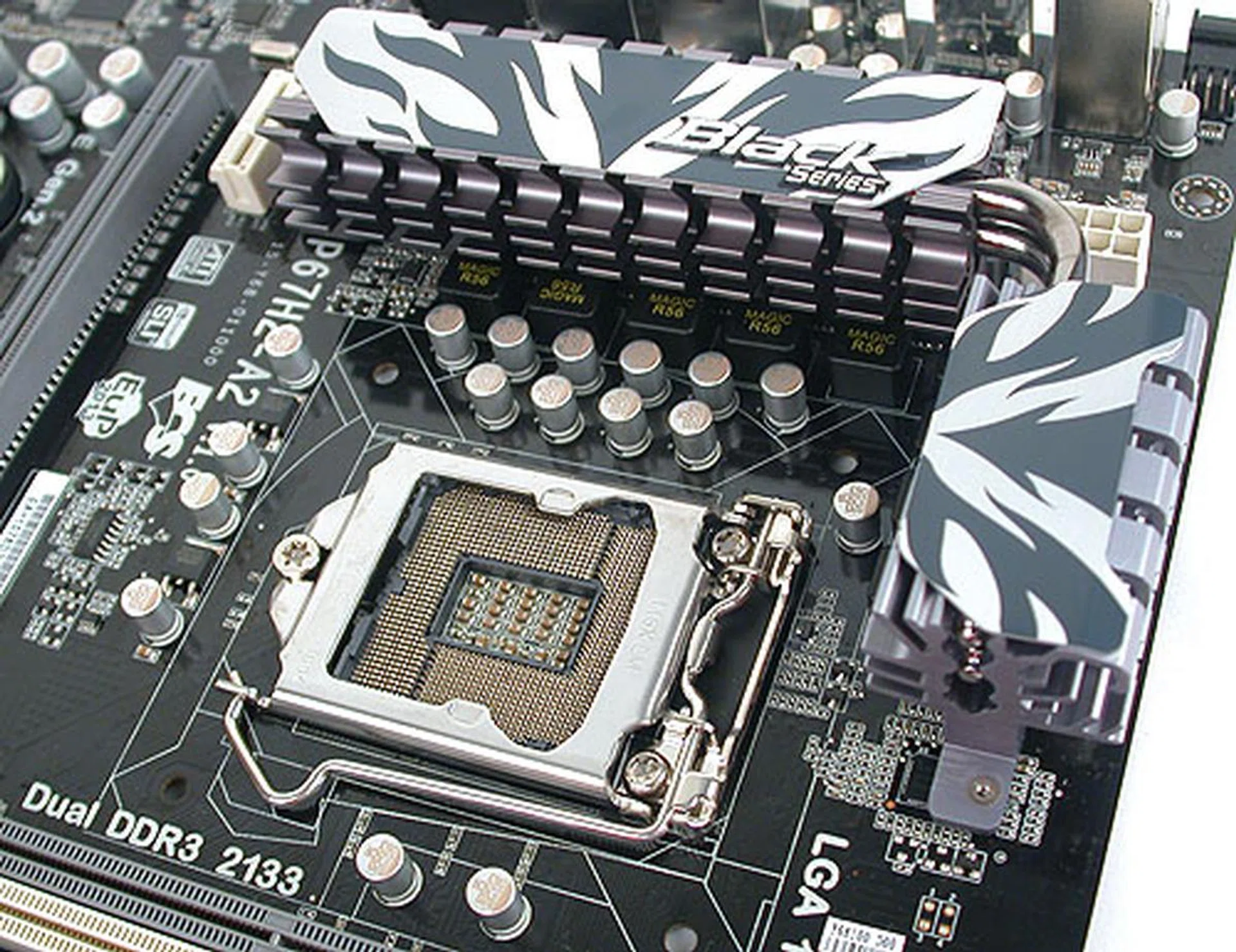 Perhaps anticipating the enthusiasts who may be overclocking their CPUs with this board, the heatsink looks a bit more heavy duty than the other boards, with a heat-pipe design linking the two. 