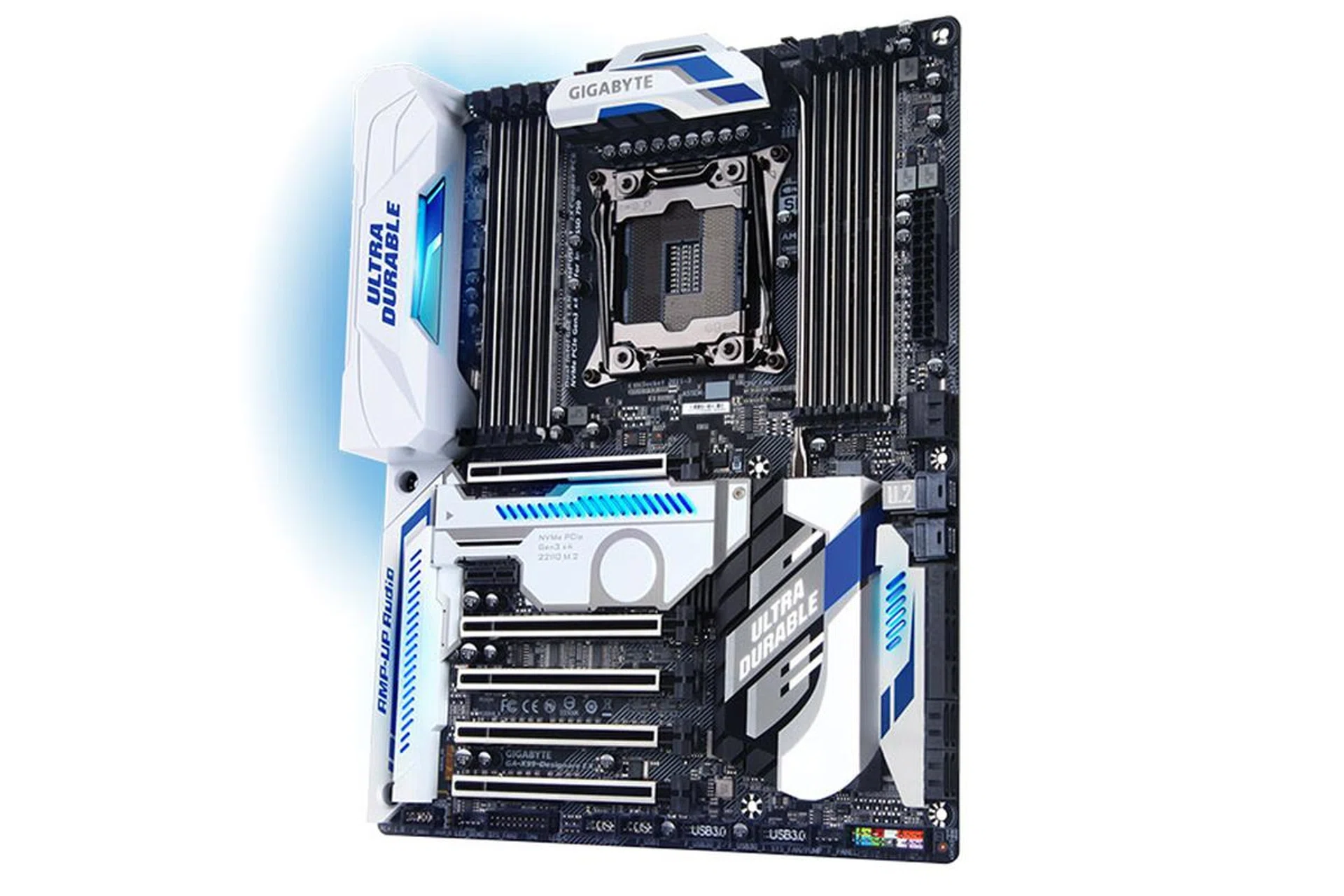 The Gigabyte X99 Designare EX brings back the blue-and-white design from Gigabyte's Ultra Durable series.