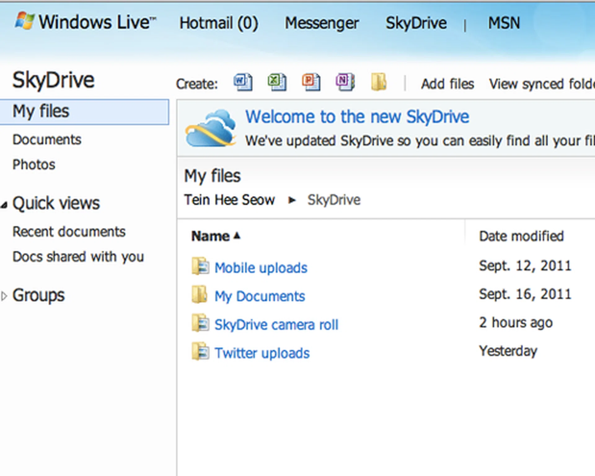 Files that are uploaded and shared on your SkyDrive are organized according to your documents, images uploaded via SkyDrive, and those posted through Twitter.