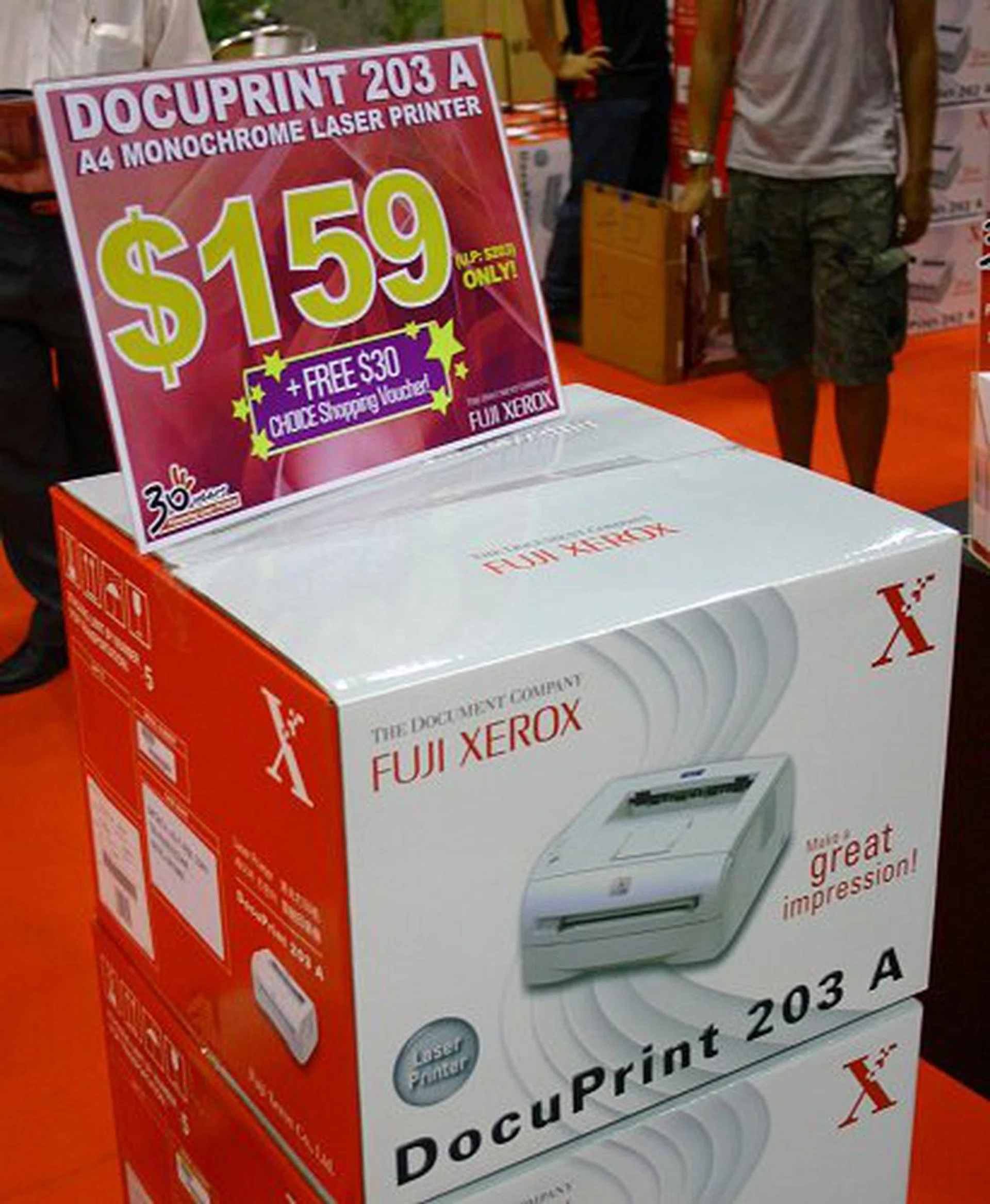  The Fuji Xeros DocuPrint 203A is a personal A4 monochrome laser printer that's capable of 20ppm print speed with a print resolution of 2,400 by 600 dpi. Down from a usual price of $203 to $159 but retaining the 3-year carry-in warranty, Fuji Xerox makes the deal even sweet by throwing in a free $30 shopping voucher.  