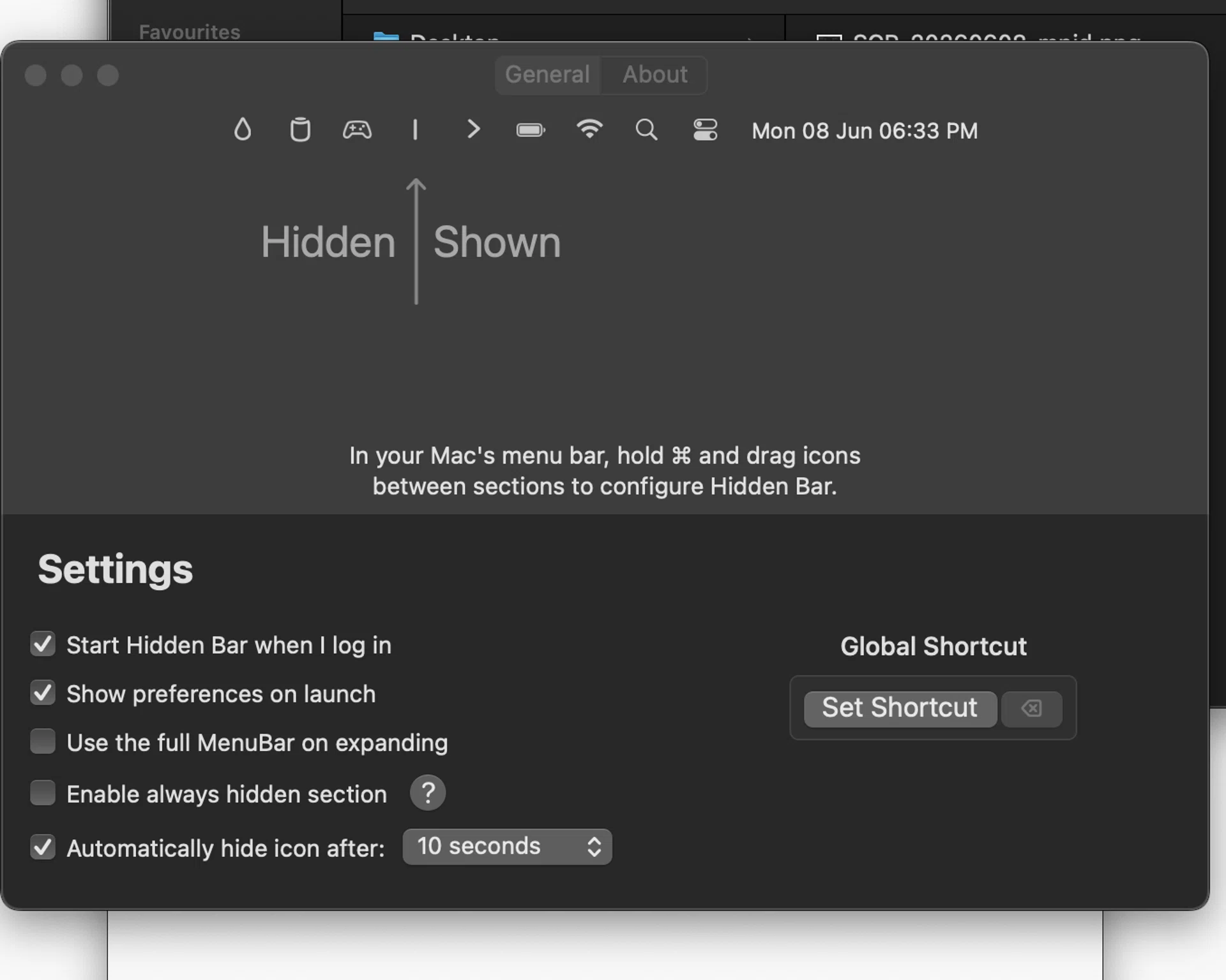 Hidden Bar launch menu and customisations.