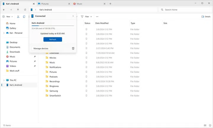 A wirelessly connected Android smartphone would show up inside the File Explorer panel, and you can access the files within. Source: Microsoft.