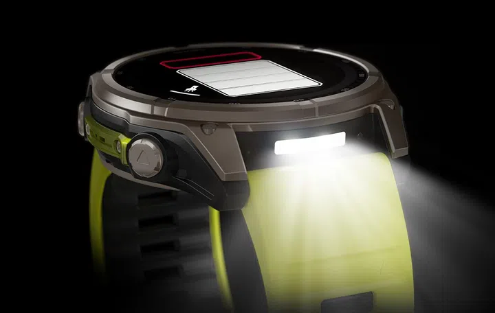 The LED Flashlight as seen on the Fenix 8 Solar with an Amp Yellow band. (Image Source: Garmin)