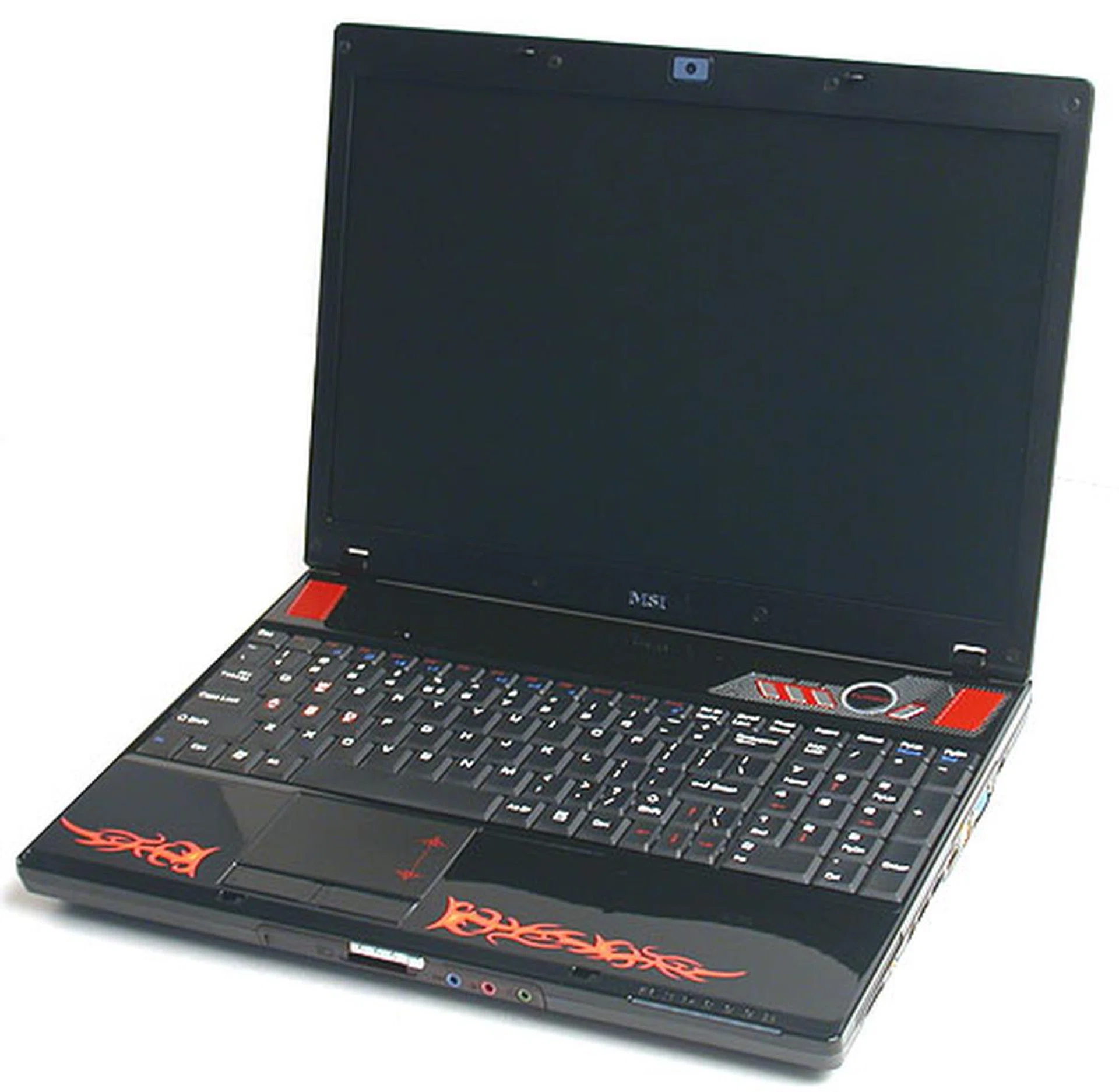 The fiery theme continues inside the notebook, with red and silver accents to match the polished black chassis. 