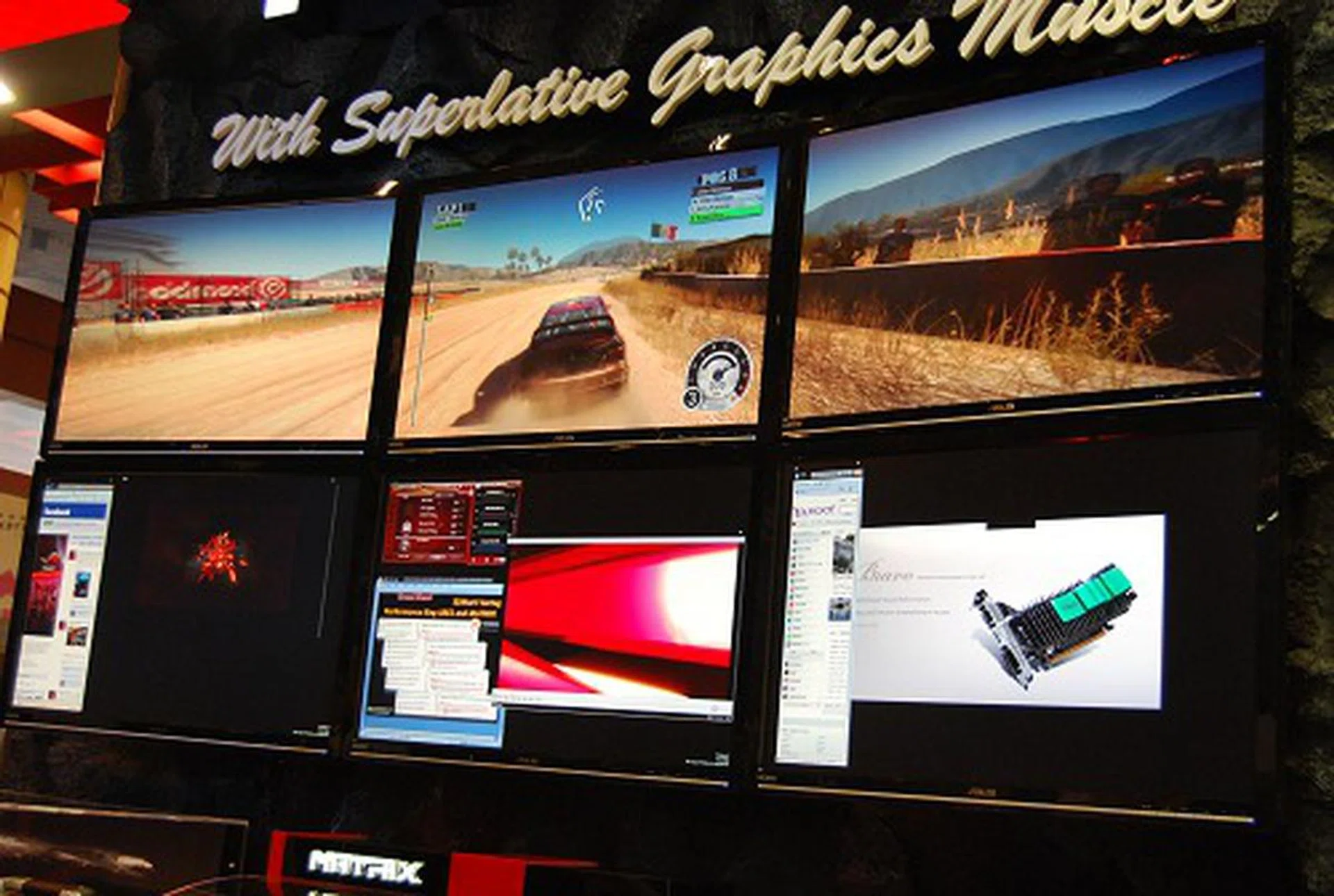 What do you do with all that graphics crunching power? Take advantage of Eyefinity of course! This is one rare demo where 3 of the monitors are running a game in surround while the remaining screens are used for other productivity tasks. 