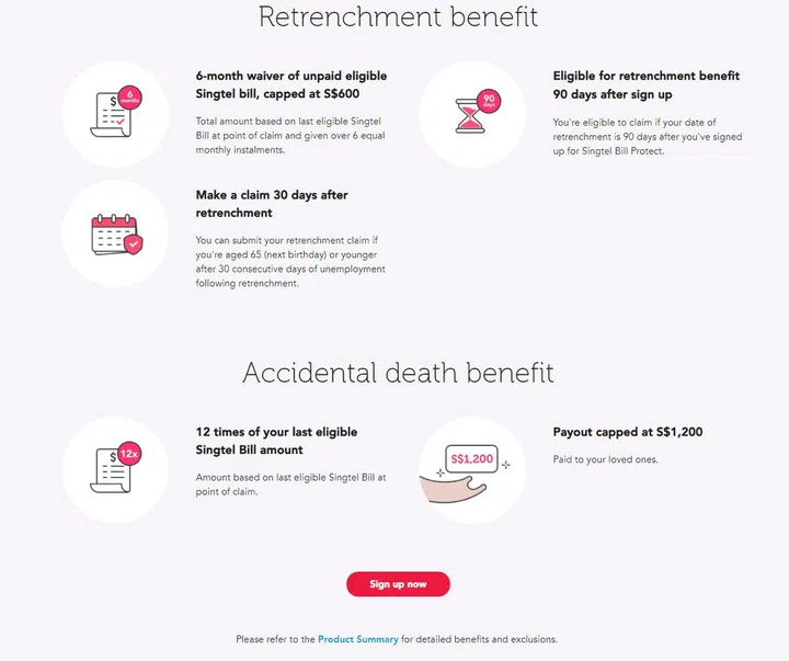 Summary of Singtel Bill Protect insured protections and benefits.