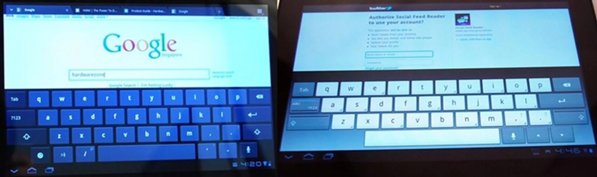 The virtual keyboard on the Sony Tablet S (right) looks different from the stock Honeycomb keyboard (left). During our time with the Tablet S, we had no problem typing on the redesigned keyboard.