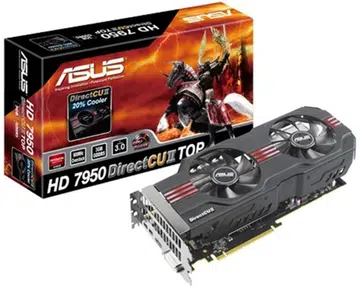 The ASUS HD7950-DC2T-3GD5 features the DirectCU II cooler which has been implemented on other ASUS' high-end graphics cards, regardless of the origin of their GPUs. This cooler features flattened heatpipes in direct contact with the Tahiti GPU for quick heat dissipation. As denoted by the "T" in its naming, it refers to the card being a Top edition and as such, its core overclocked to 900MHz from the standard 800MHz.