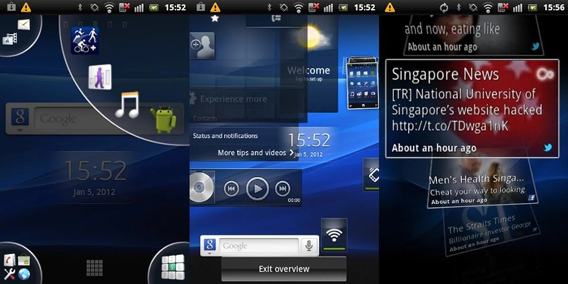 The first screenshot (left) shows the tab expanding to a quadrant, making it easier for you to select the shortcut. The second screenshot (center) shows the overview of all five home screen panels. It is similar to what you will see on HTC Sense UI or Samsung TouchWiz albeit more animated. Sony Ericsson also has its own Timescape UI (right screenshot), which aggregates your social feeds in one central location. Flip through the tiles to view the different social feeds.