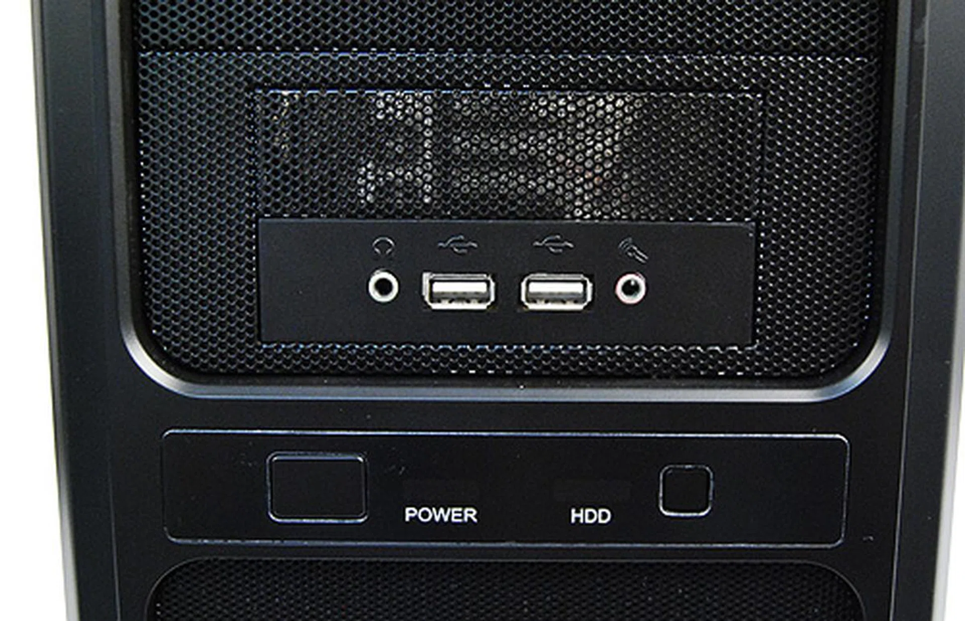 The usual suspects here &ndash; two USB 2.0 ports flanked by headphones and microphone jacks.