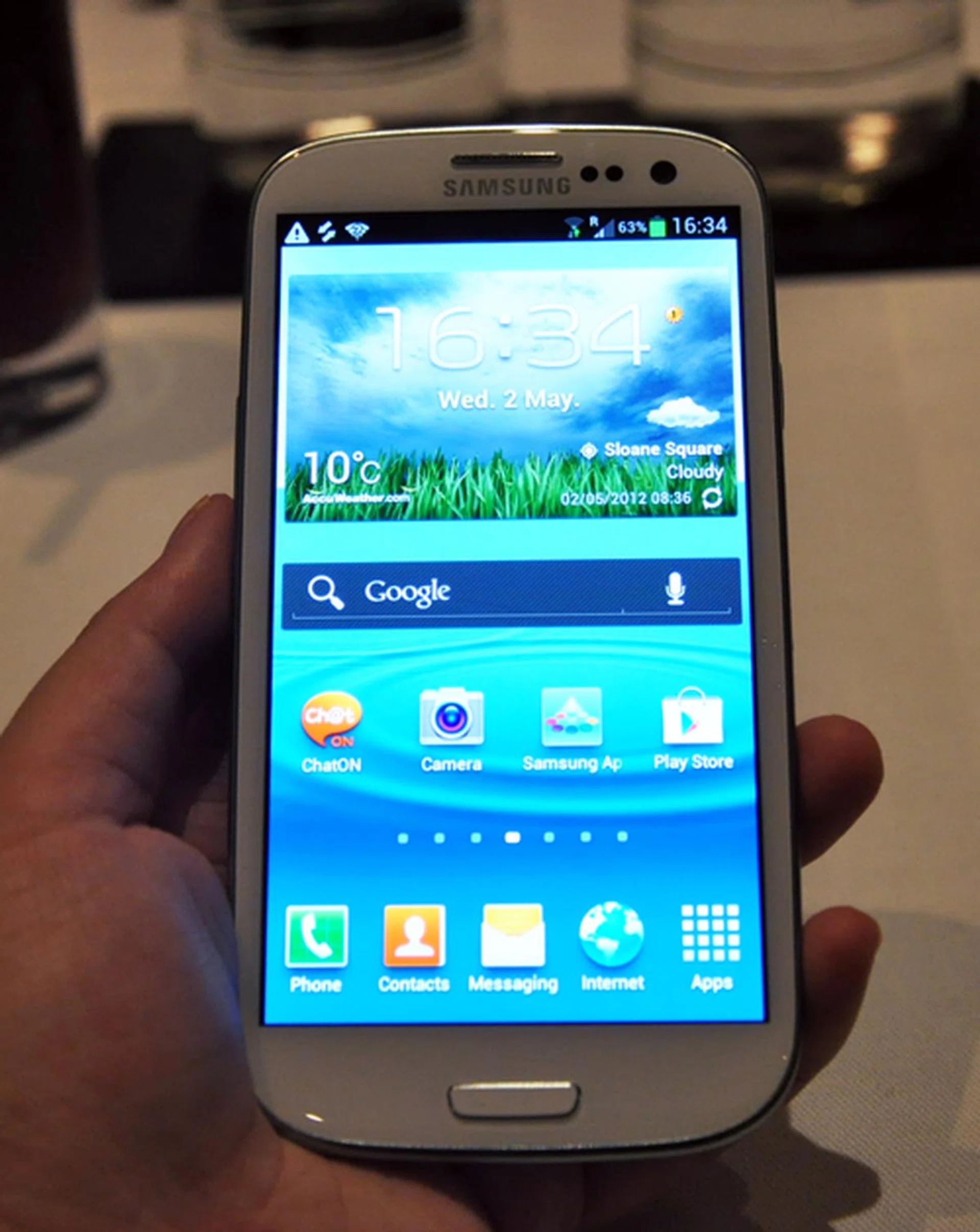 The Samsung Galaxy S III will be available in two colors: Marble White and Pebble Blue. Seen above is the white version.