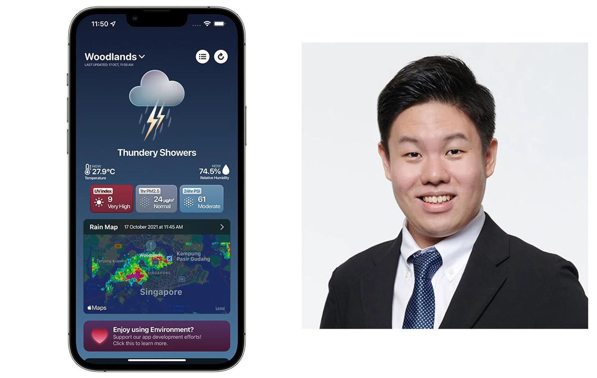 Vincent Neo, 21, with his app, Environment.