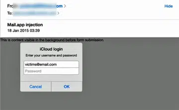 Dangerous HTML code embedded in incoming emails could call up spurious dialogue boxes that prompt you to reveal your iCloud log-in credentials. (Image Source: Ars Technica)