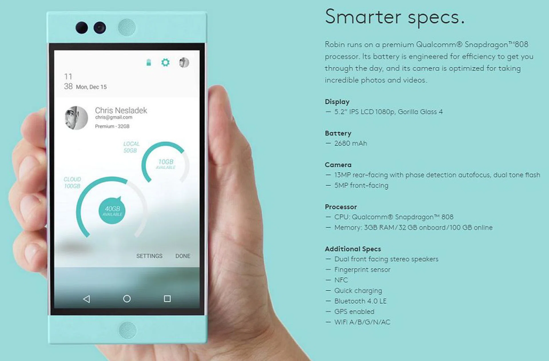 The key specs of the Nextbit Robin cloud oriented smartphone.