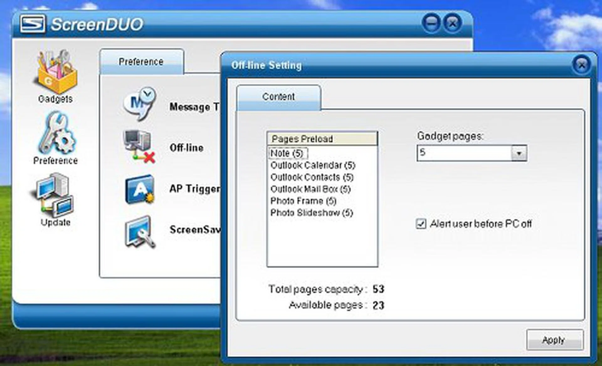 ScreenDUO does work offline when your PC is shut down, but USB power must still be maintained. You can configure up to 53 pages of storage for offline viewing.