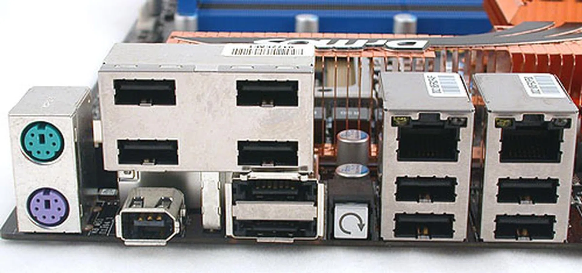 There's no shortage of rear I/O ports and connectors on this board, with 8 USB ports, 2 eSATA, two Gigabit LAN RJ-45, FireWire and the seemingly standard Clear CMOS switch. 