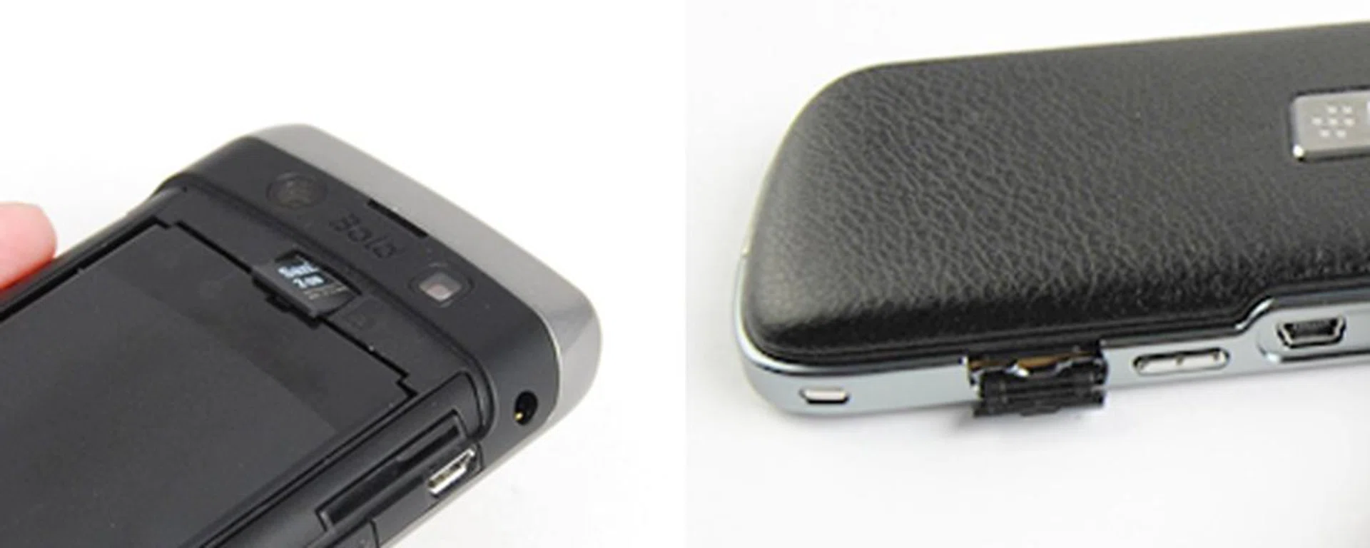 The microSD slot has been shifted back to underneath the casing and designed for angular insertion unlike the side insertion of the older Bold 9000 (as shown on the left).