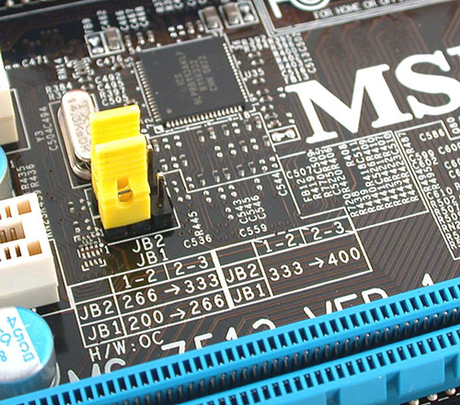 We mentioned this briefly before in the preview but we are repeating it again here since we didn't really like the idea of hardware jumpers. This set of OC Jumpers apparently change the FSB strap, something that others have as a BIOS option. When asked, MSI responded that these serve as a quick and moderate O/C tool, while the BIOS serves as a secondary step for finer refinement/control. In our opinion, the BIOS is really all that's needed.
