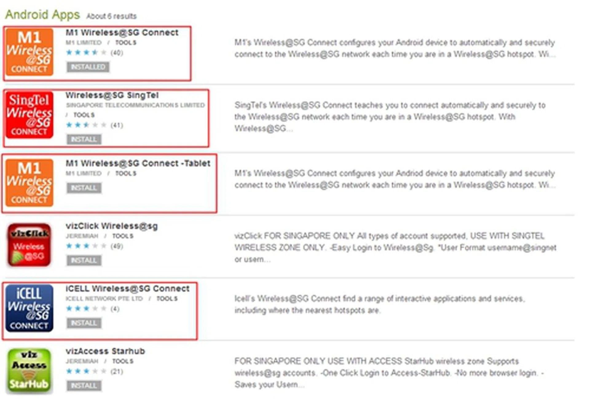 Apps for Wireless@SG access and related services.