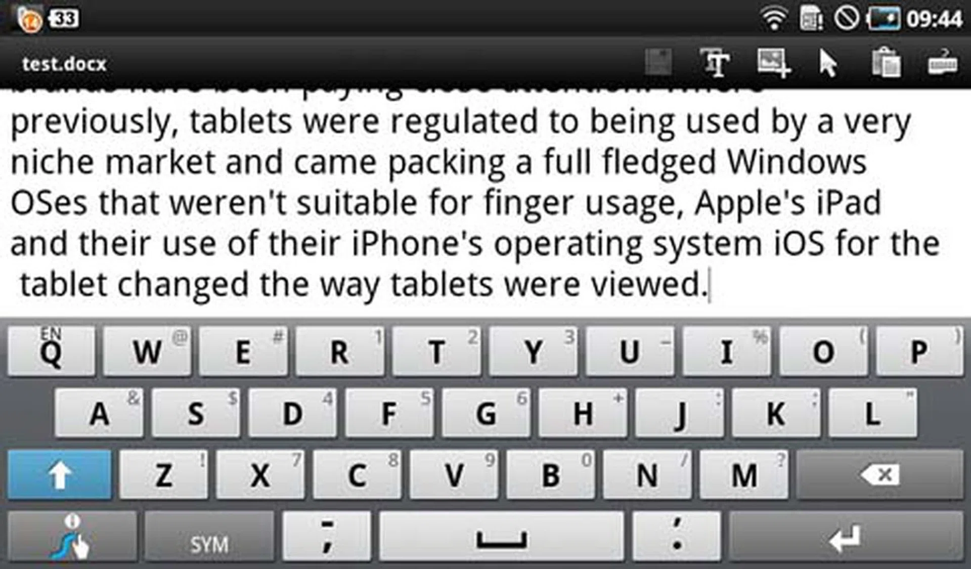 Reading and editing *.docx Word documents using the ThinkFree app is pretty simple and easy. Note the slightly limited space though.