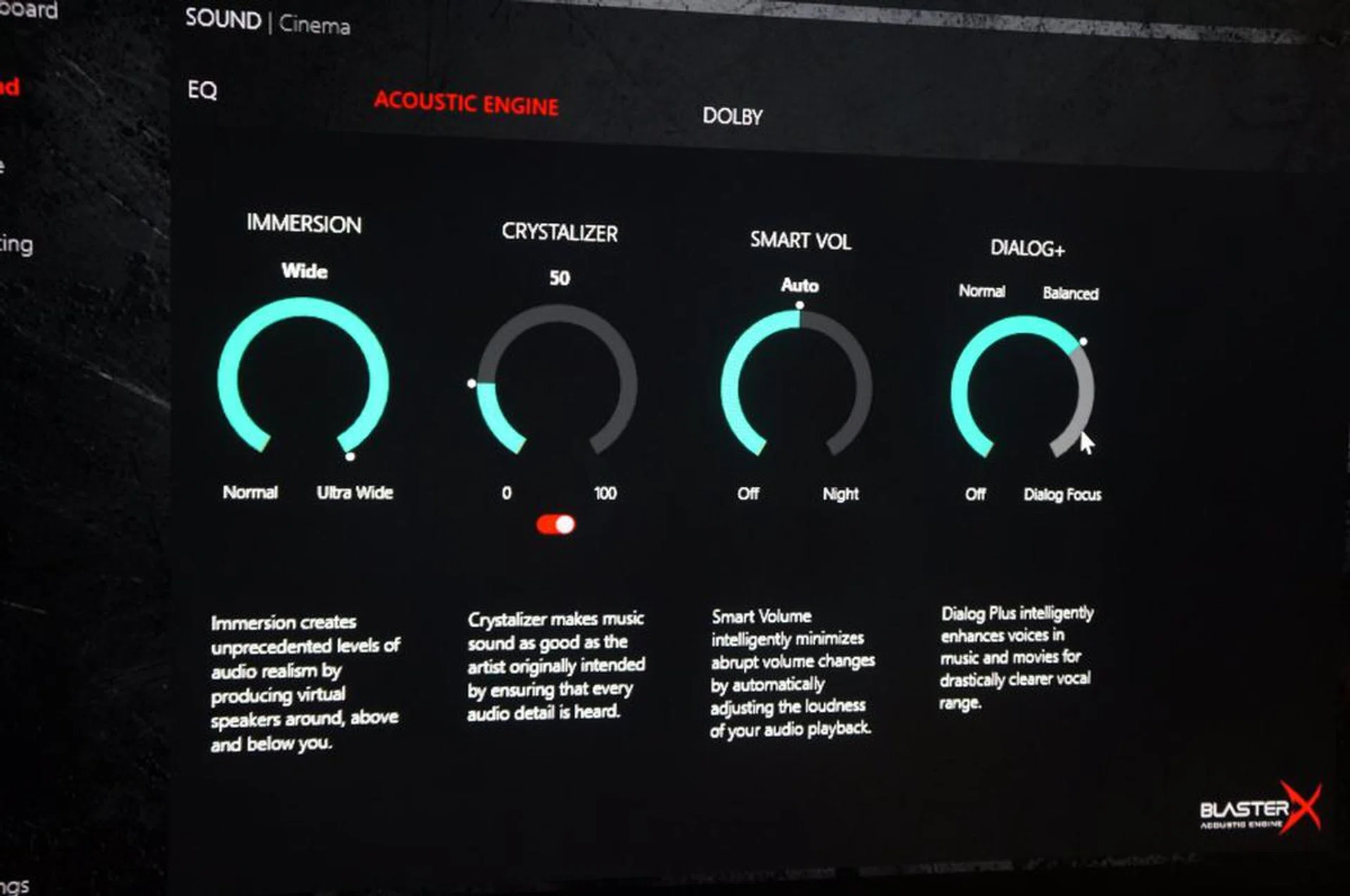 The BlasterX Acoustic Engine controls within the Sound Blaster Connect for PC control panel.