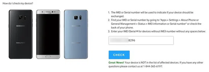 Mr. Green's Note7 was an unaffected device, according to Samsung's eligibility checker.