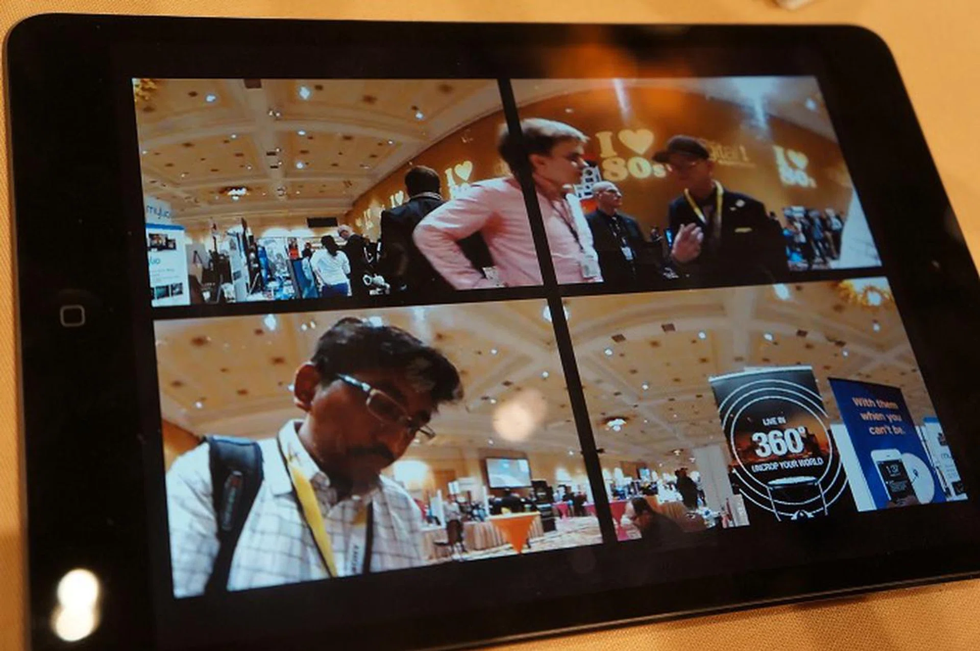 As seen in this live video relay on a tablet, the V.360 camera can capture views from all-around. Yes, that's our Editor Vijay at work.