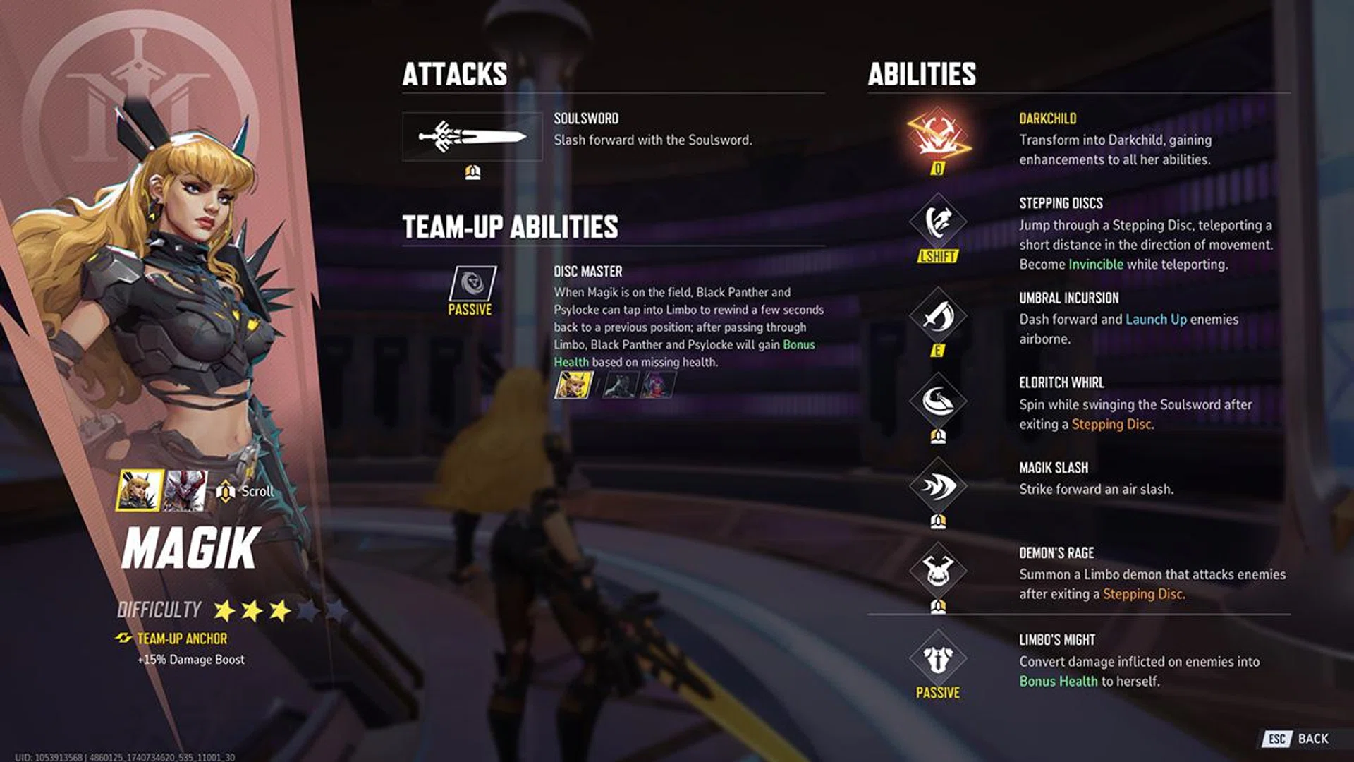 And the list of moves for Magik. Keep in mind, she also has a Darkchild mode that can be unleashed with her ult, which enhances her kit.