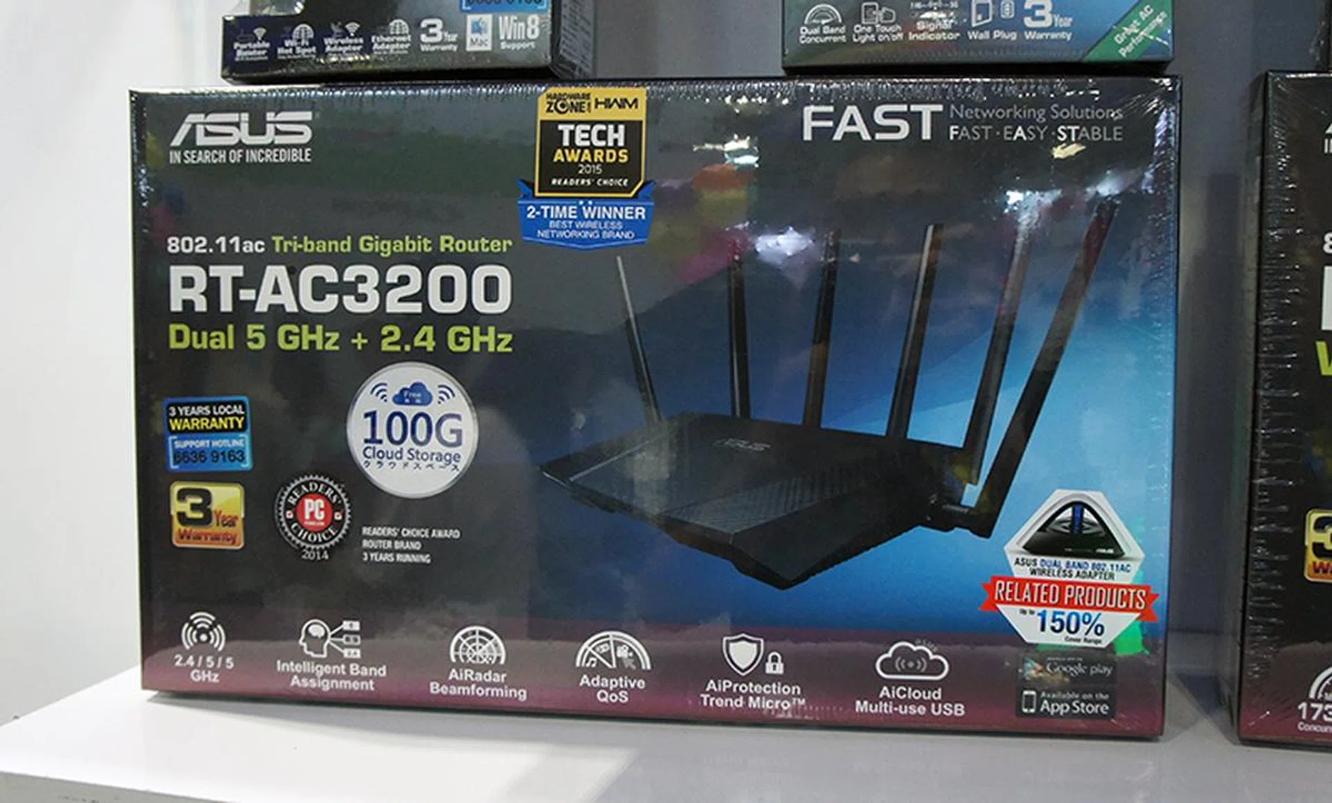 The ASUS RT-AC3200 is a massive router with 6-antennas, and was designed specifically for households with multiple connected devices. It broadcasts three networks - one 2.4GHz and two 5GHz - and offers speeds of up to 3200Mbps. It is going for $409 (U.P.: $429) and comes with free ASUS Cerberus gaming headset and McAfee Internet Security. 