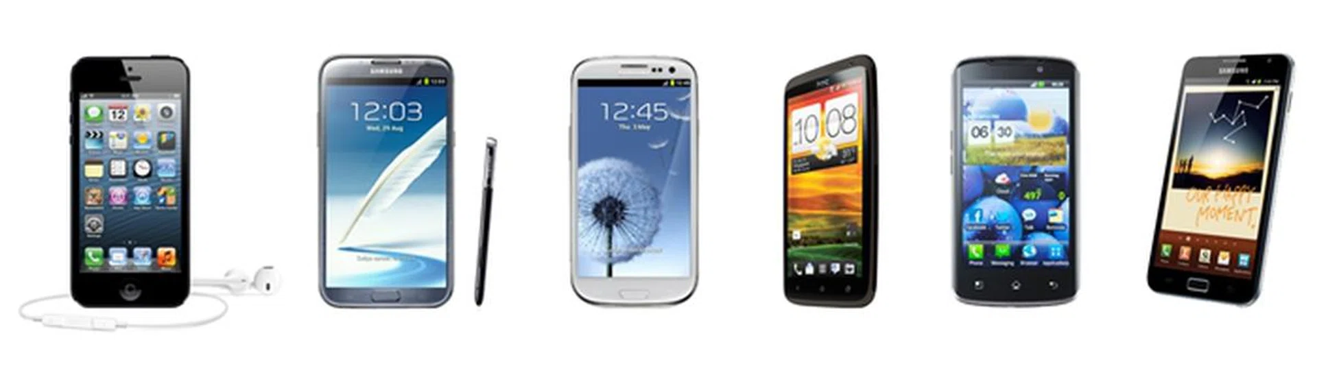 From left to right: Apple iPhone 5, Samsung Galaxy Note II (LTE), Samsung Galaxy S III (LTE), HTC One XL, LG Optimus True HD LTE, Samsung Galaxy Note (LTE)