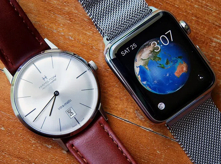 The Hamilton Intra-matic on the left costs about the same as the Apple Watch, but I have no doubts that the Intra-Matic will still run 20 years from now. I can't say the same for the Apple Watch.