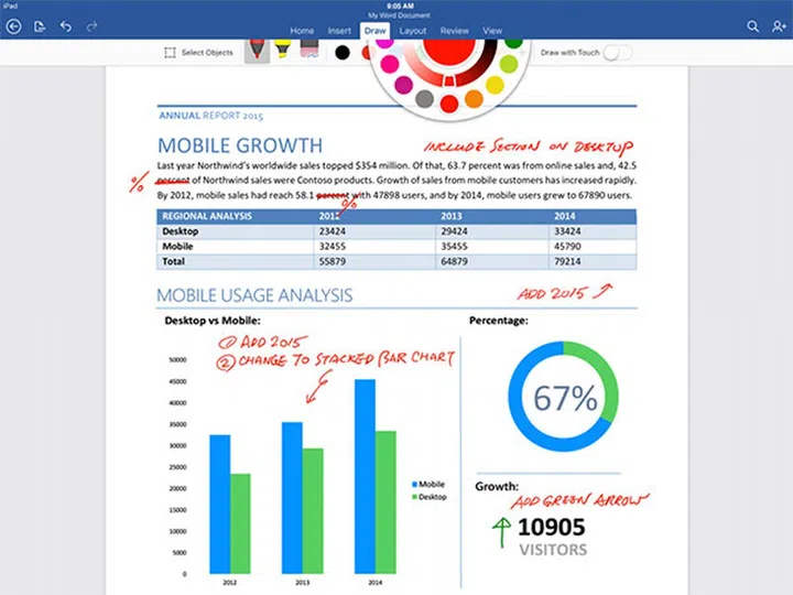 A ‘Draw’ tab in the Office ribbon at the top makes finding inking tools easier. (Image source: Microsoft.)