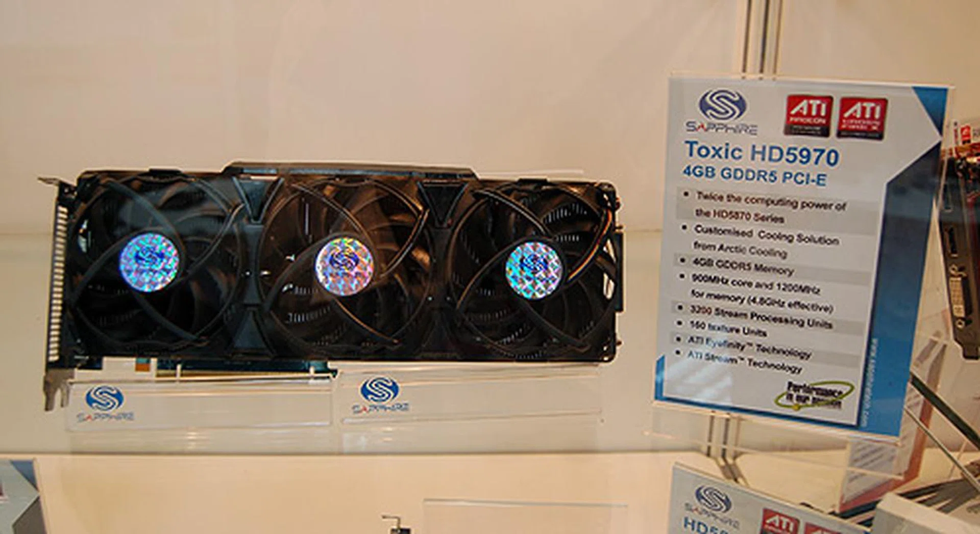 The triple fan Sapphire HD 5970 Toxic Edition caught our eye. It comes with a massive 4GB framebuffer and it factory-overclocked at 900MHz at the core and 4800MHz DDR at the memory.