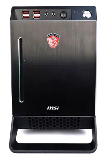 The MSI Nightblade is a mini-ITX barebone system that features the company's Z87I Gaming AC motherboard. It also includes a SilverStone 80 Gold Plus 600W ATX PSU, and a slot-loading DVD drive. There are intake vents at the bottom of the chassis, near the system stand/carrying handle.