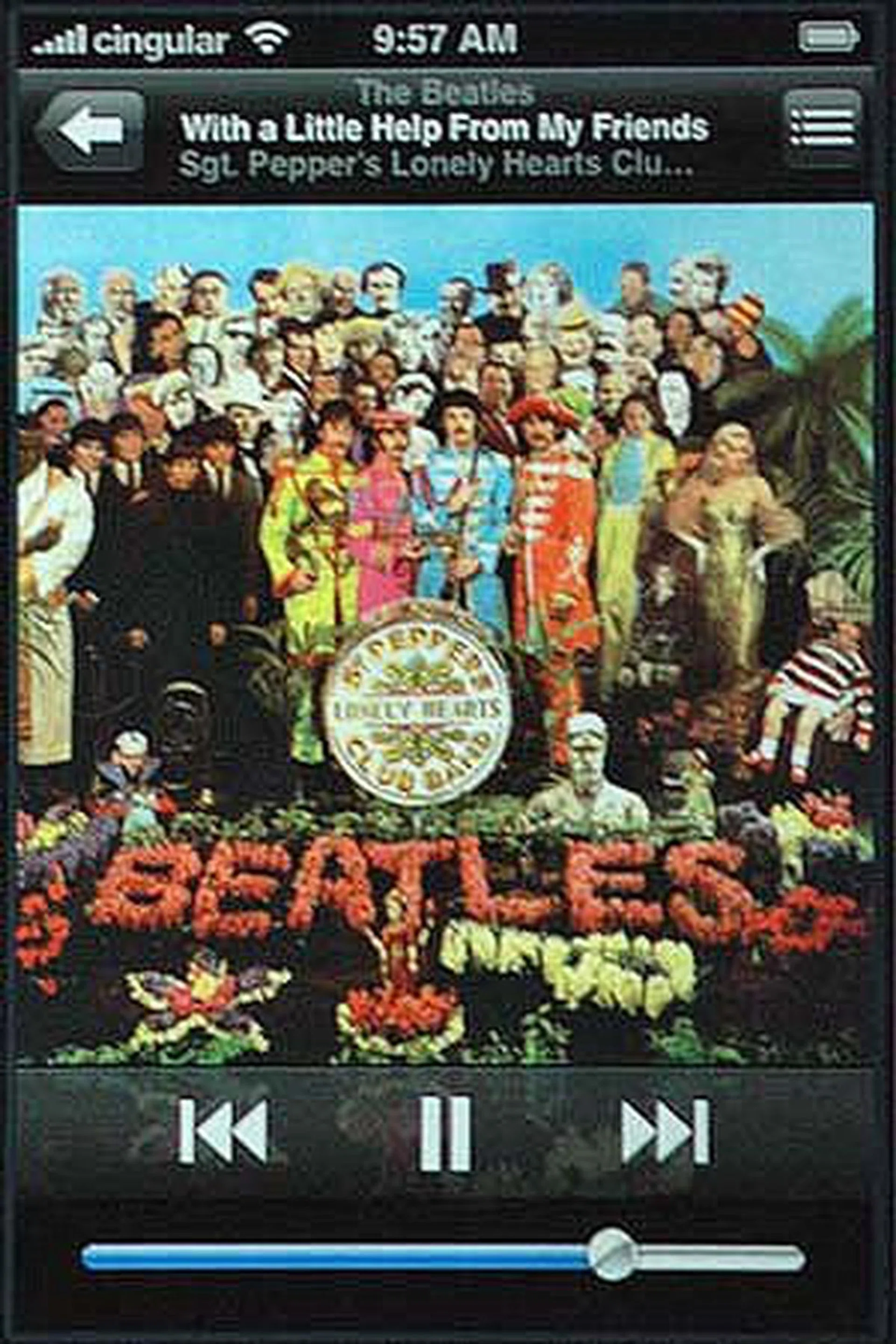An example of what you will see when a song is playing. Remember, this is a touch-screen iPod. Controls are all over the screen. As you can see, album art looks gorgeous on this screen.