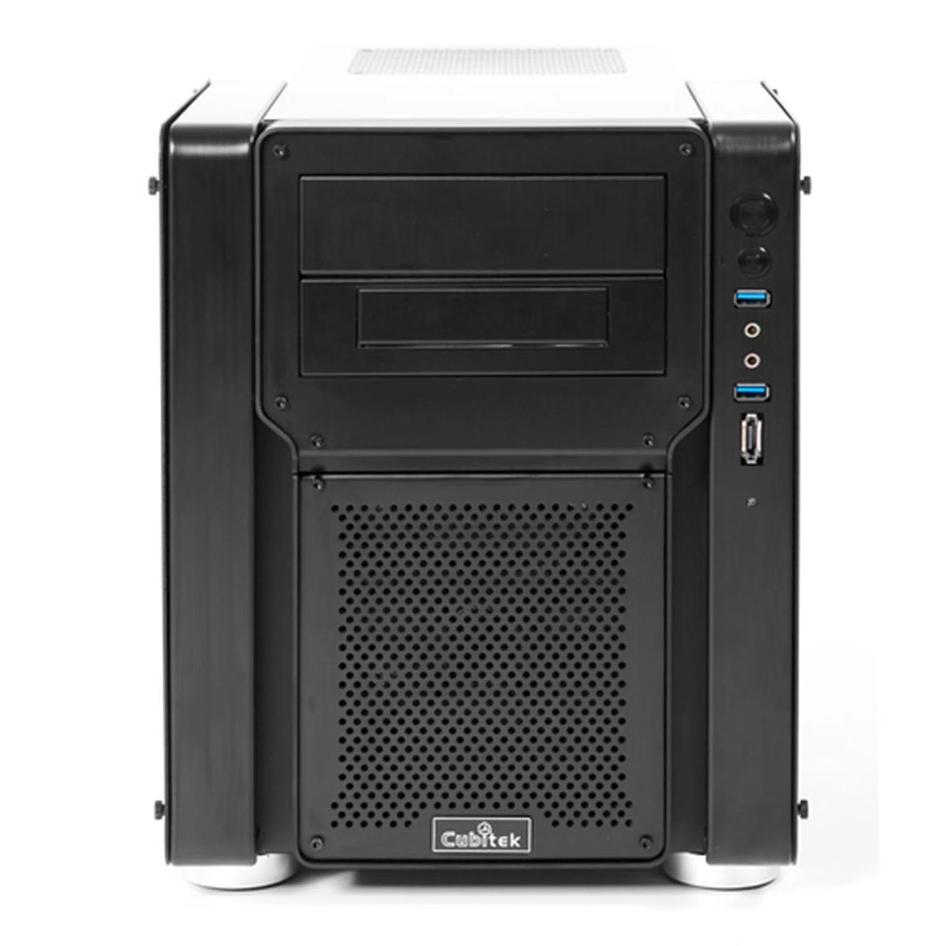 There's nothing fancy about the casing or eye-catching about the Cubitek Mini Tank. Note the two 5.25 inch external bays and the 140mm intake fan at the bottom.