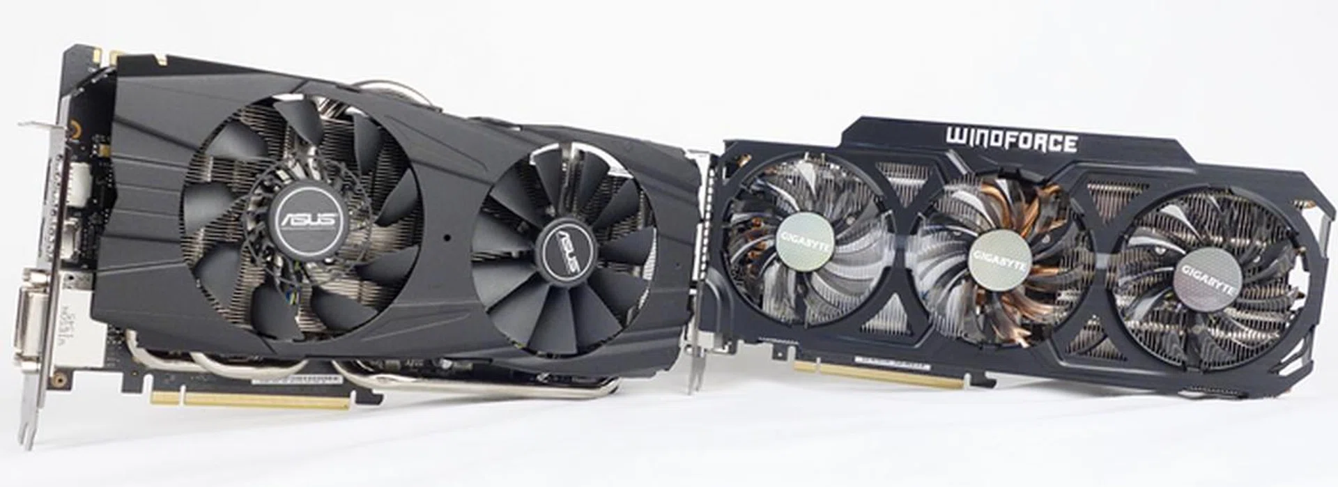 On the whole, the custom cooling solutions kept the cards running cool at around 60 degrees Celsius under load. The folks from ASUS kept things interesting by allowing users to somewhat customize the color of the card's fan shroud.