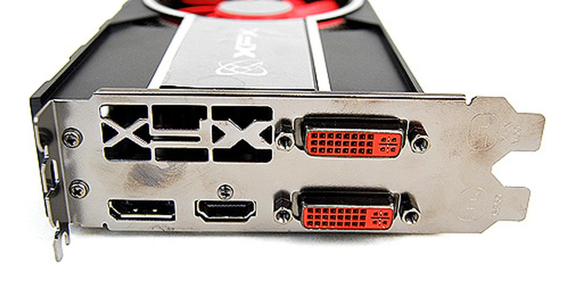 The XFX card also has the same video output ports as the reference card. There's two DVI ports, a single HDMI port and DisplayPort.