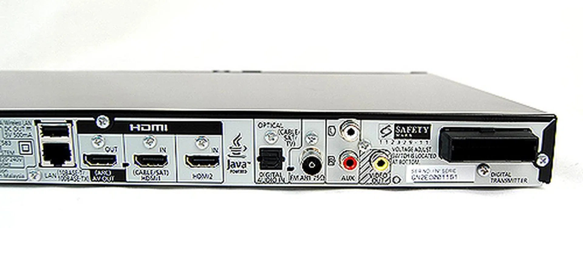 Over on the other side of the receiver/player's rear, you'll find all the connectivity options. From left to right, you'll find a USB port, an Ethernet jack, an HDMI output, two HDMI inputs, digital audio in, FM antennae jack, auxiliary inputs and a composite video output jack.