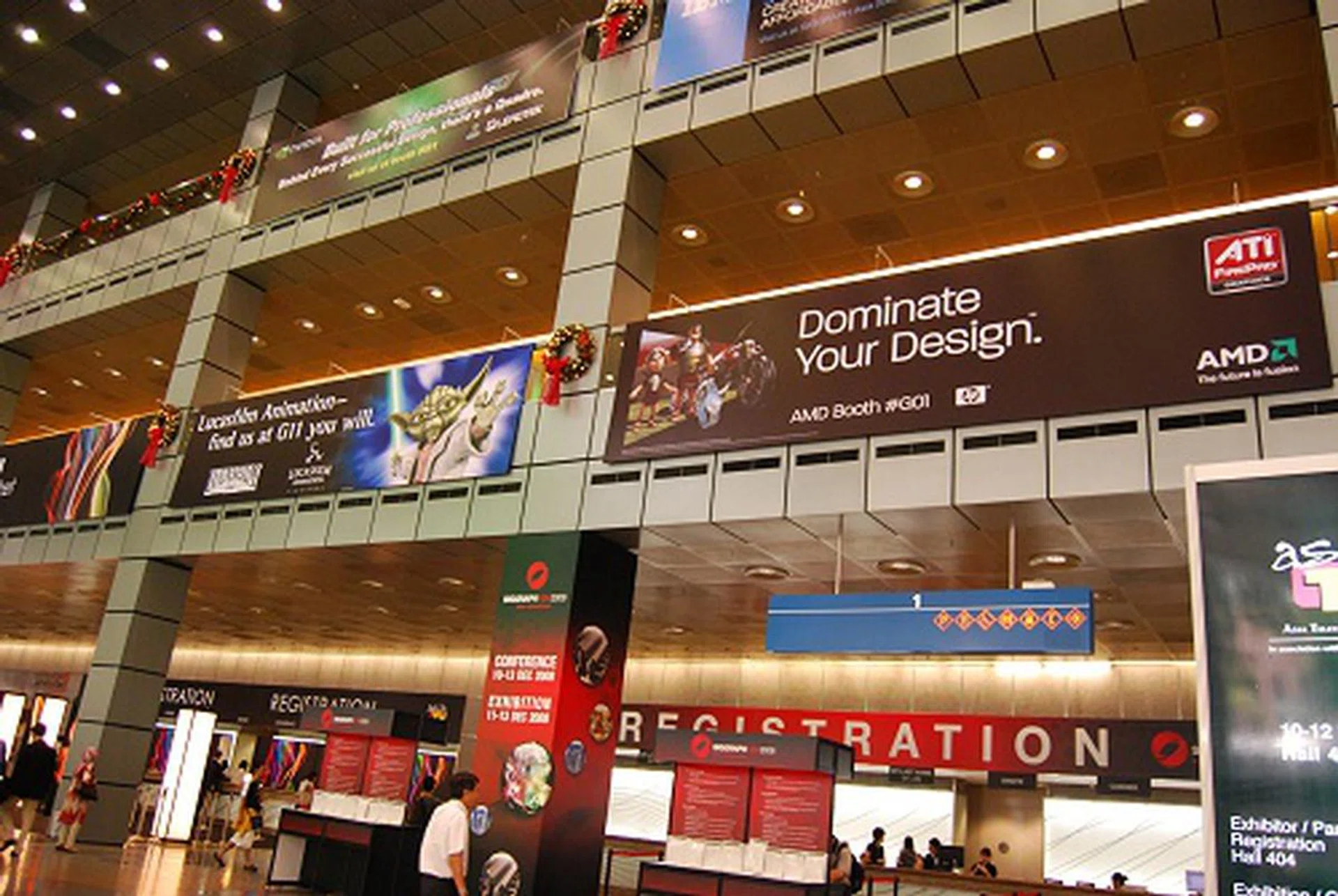 The first floor foyer of the Suntec City Convention Center was fully bannered with all the key names participating and supporting the show - ATI, Lucasfilm Animation, IBM and more.