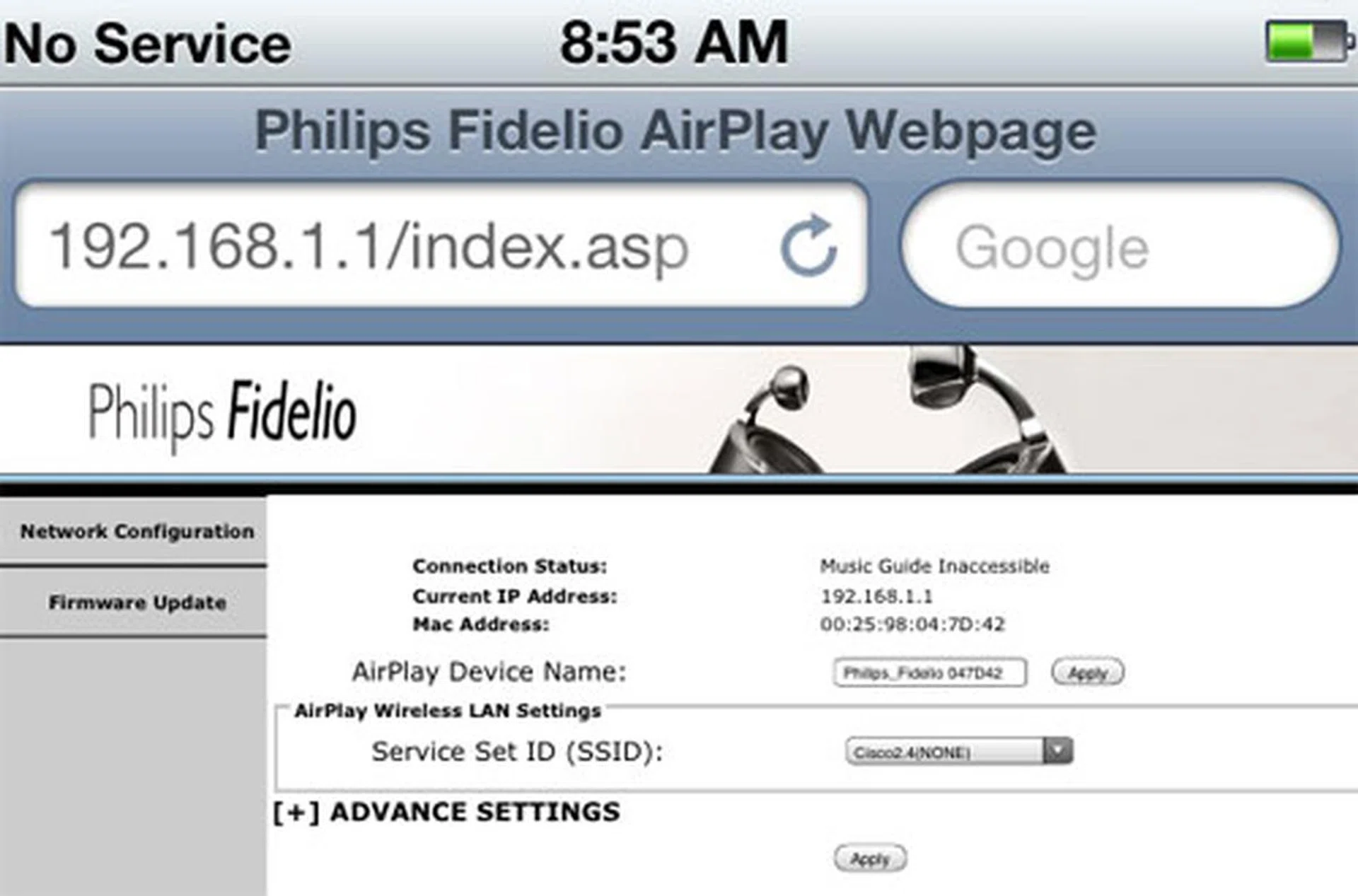 In order for the Fidelio SoundSphere to be paired with your network, you'll need to select the appropriate SSID under AirPlay's Wireless LAN settings. Click "Apply" when you're done.