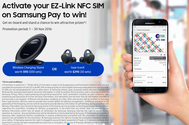 Completing the EZ-Link NFC SIM Card pairing with Samsung Pay within this November comes with chances to win free stuff, so check the Samsung website (provided below) for details. 
