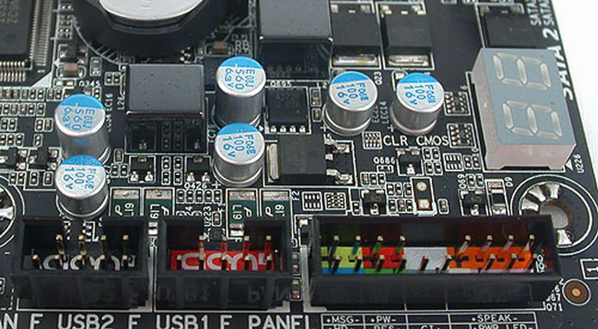 USB 2.0 ports are now relegated to front-panel header status on the UD7. There's also a LED segment for debugging purposes. 