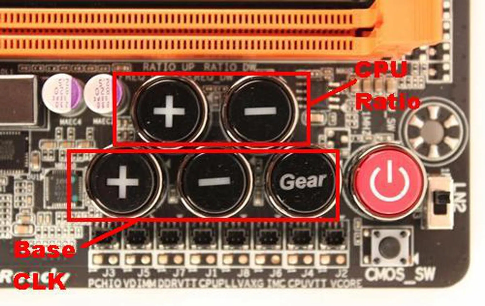 The onboard OC-Touch buttons that are used for overclocking in different environments. According to Gigabyte, they can work in BIOS, DOS, or Windows without the need for rebooting. But the actual experience wasn't quite what we expected.