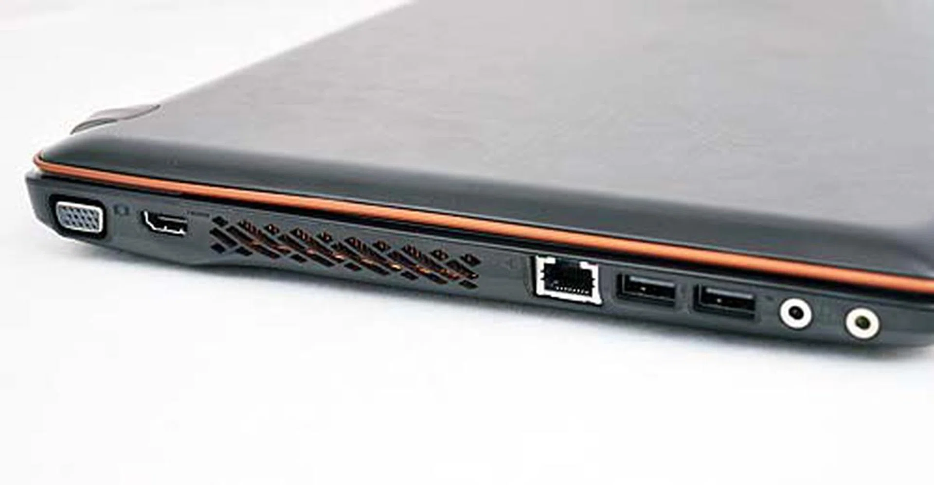 On the right, your display adaptors await - the VGA and HDMI ports, then followed by a LAN jack, two more USB ports, and the audio jacks.